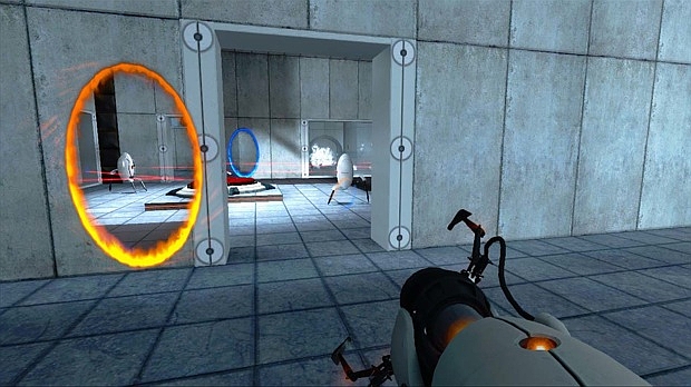 Valve's first Portal game, with a red and blue circle visible