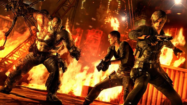 Resident Evil 6 characters in a fiery arena
