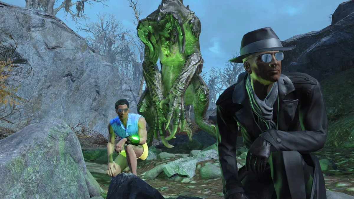 Fallout 4 player character crouching with companions