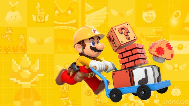 Super Mario Maker 2 is a Mario game where Mario is not the protagonist. Art for Mario Maker showing Mario pushing a trolley of multiple in game items. Yellow background. 