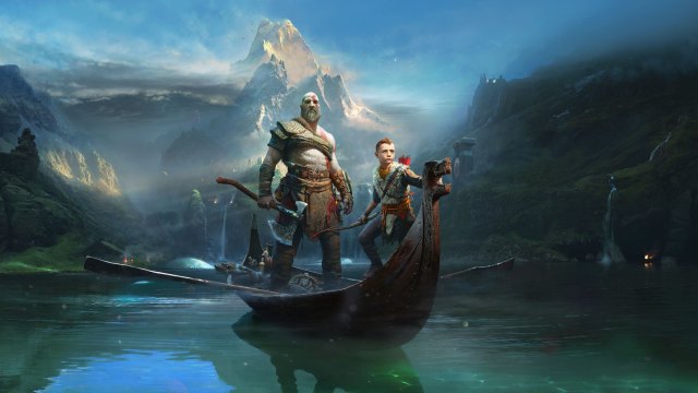 Key art for the God of War 2018 reboot, featuring Kratos and his son. 