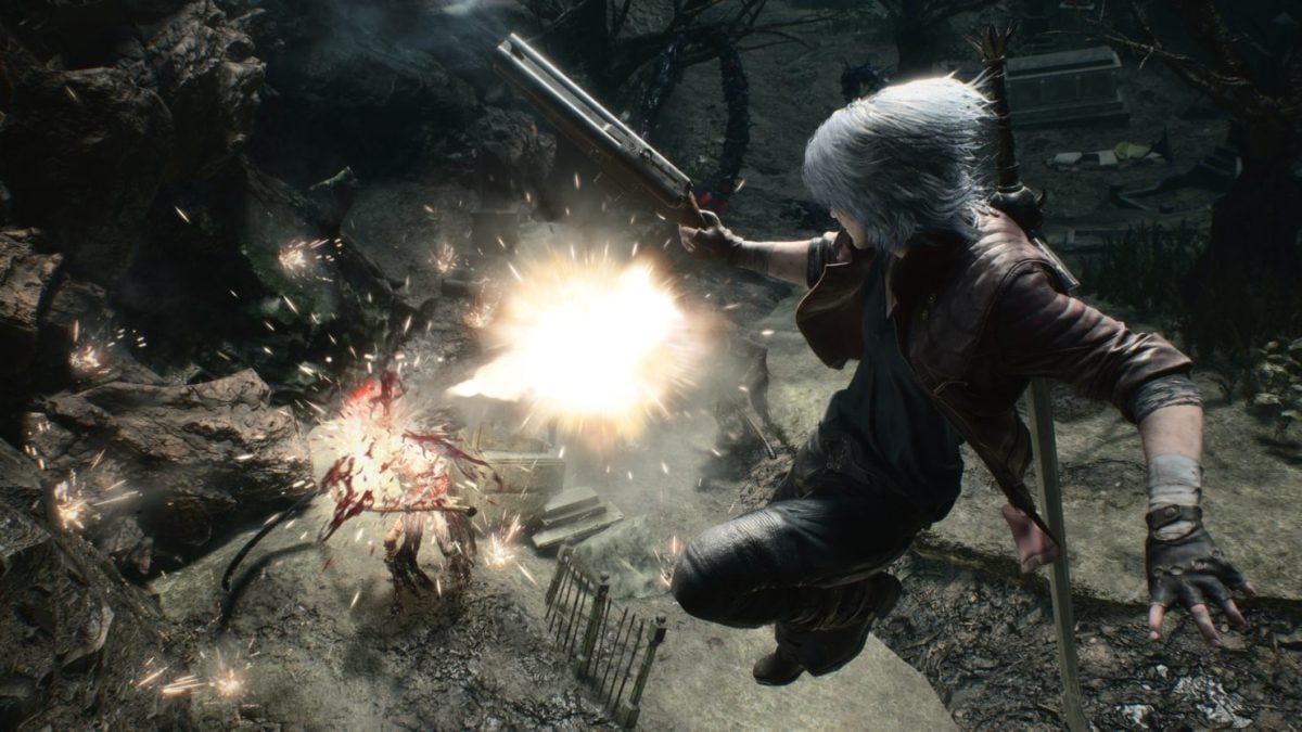 Dante shooting at an enemy in DMC5.