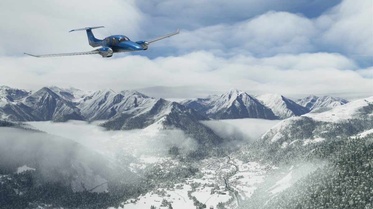 Flying over snowy mountains