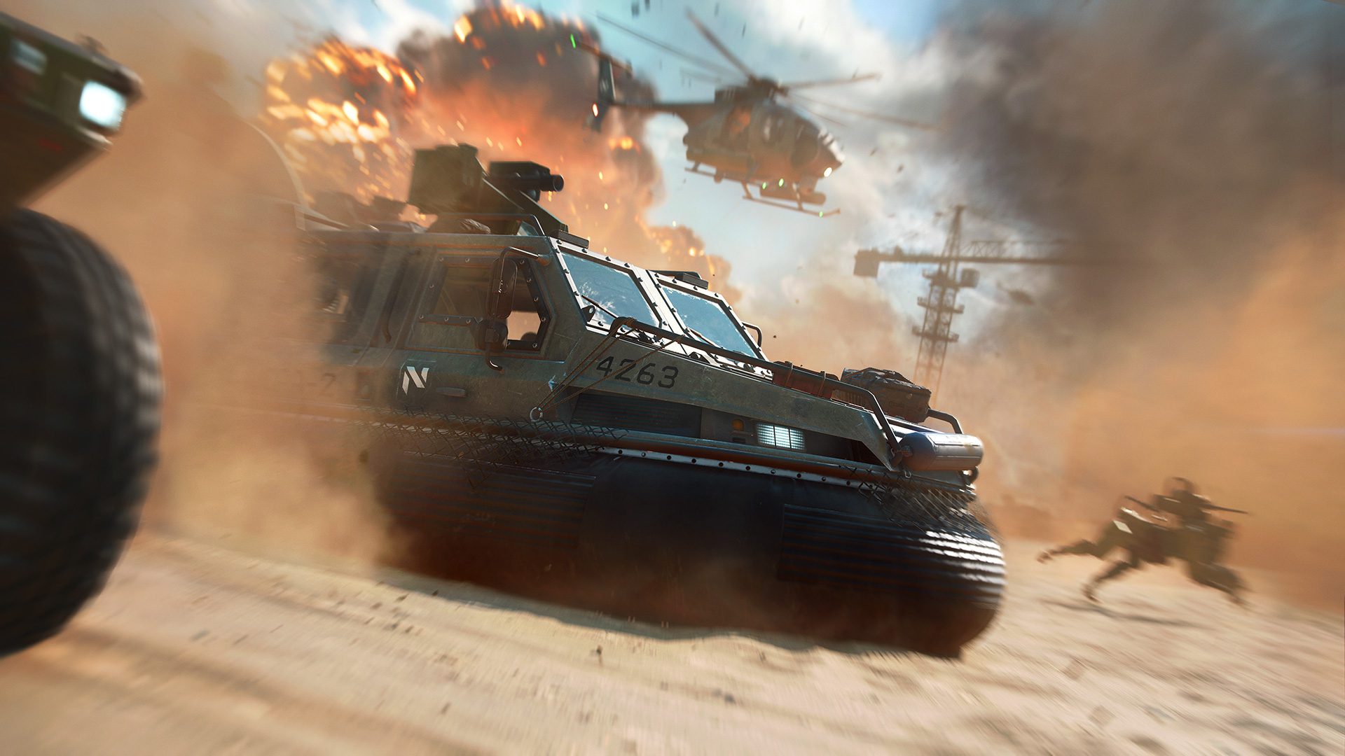 A hovercraft and a robot dog in Battlefield 2042