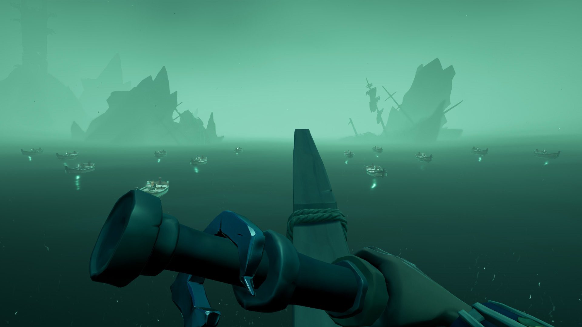 An ominous array of ghostly rowboats in Sea of Thieves: A Pirate's Life