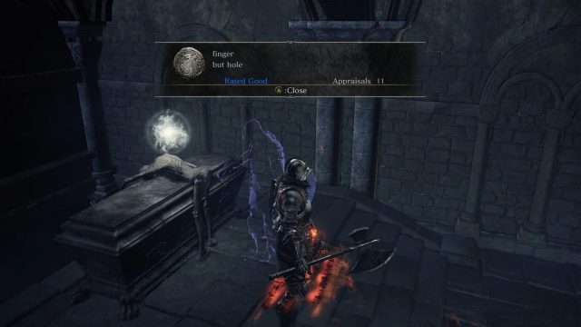 The iconic "finger but hole" message in Dark Souls III