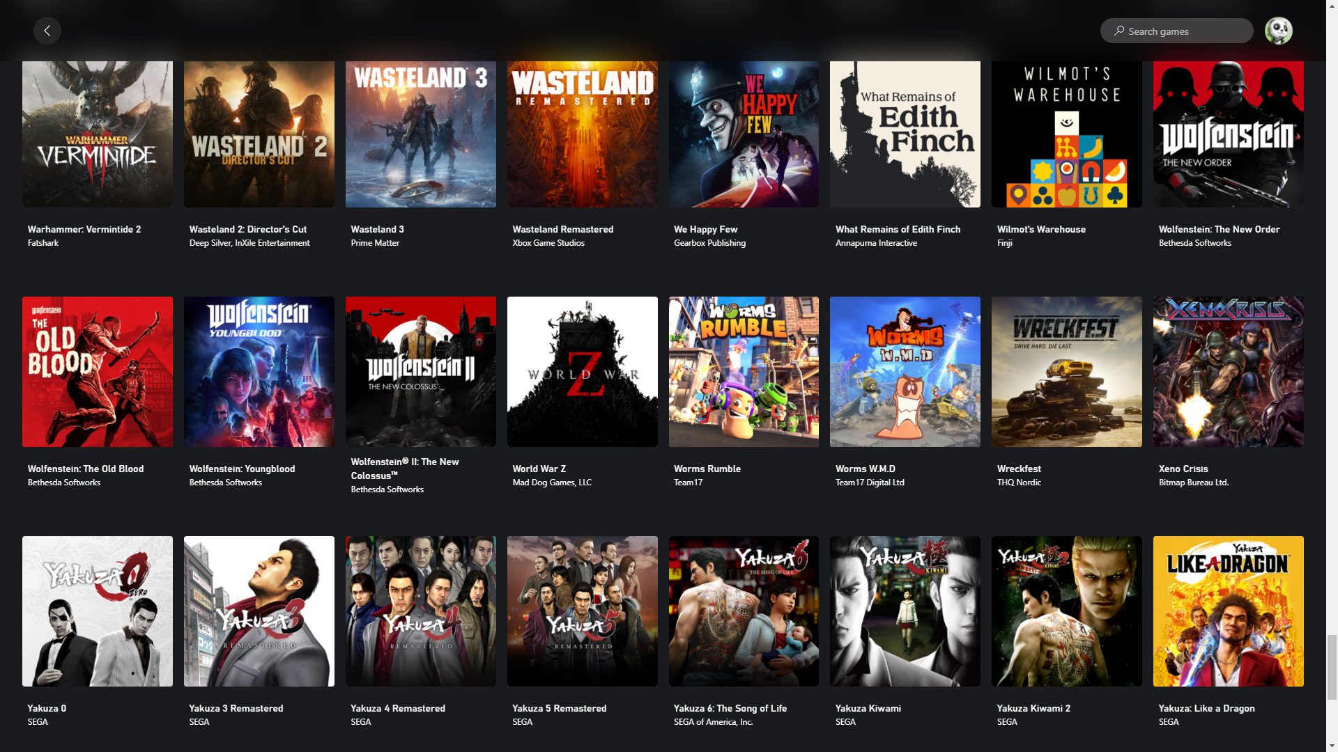 A sample of the Xbox Cloud Gaming library