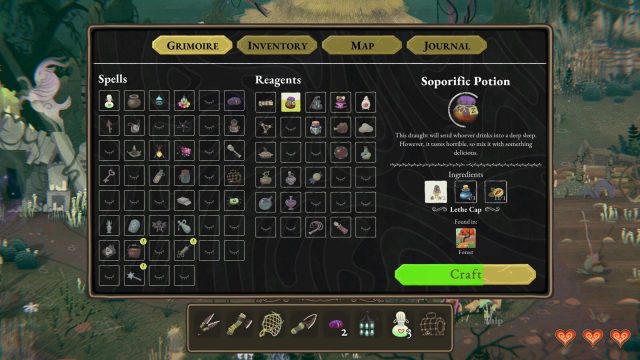 A list of spells and reagents in the Grimoire