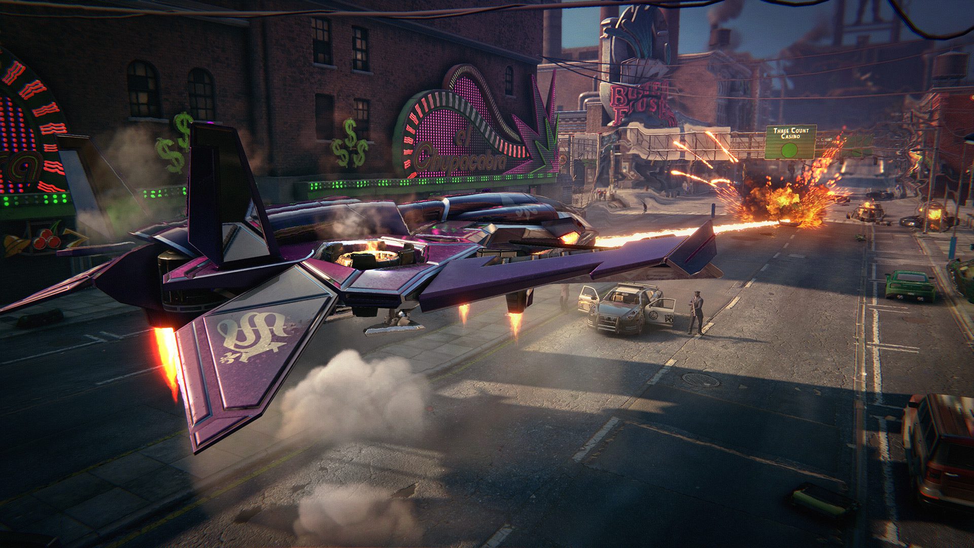 Blowing up a car with the F-69 VTOL in Saints Row: The Third Remastered