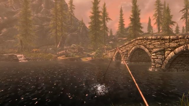 Reeling in a Pogfish in Skyrim's new fishing update