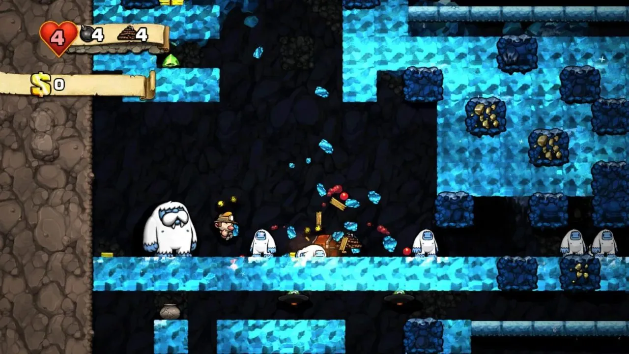 Slipping around the yeti hideout in Spelunky Switch