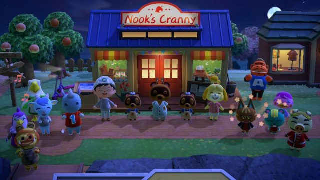 A village celebrating outside of Nook's Cranny in Animal Crossing: New Horizons
