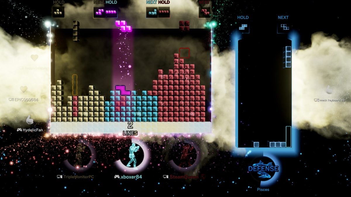 Working together to beat a boss in Tetris Effect: Connected
