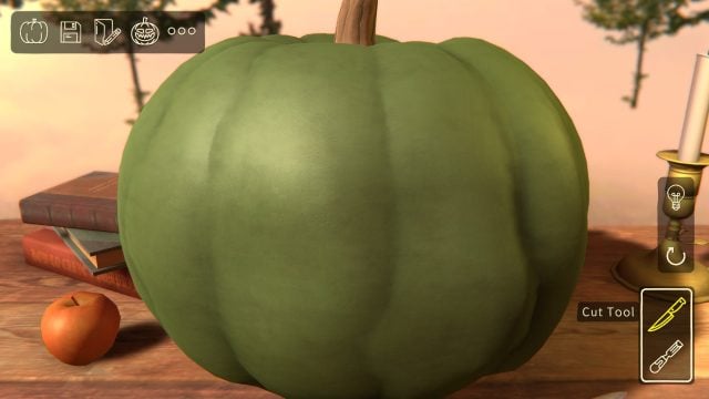 Picking out a green pumpkin to carve