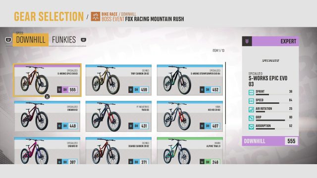 The gear selection screen for downhill bikes in Riders Republic