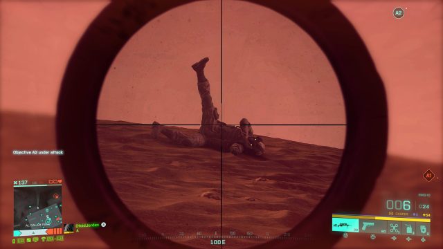 A soldier striking a funny pose during a sandstorm in 2042's Hourglass map