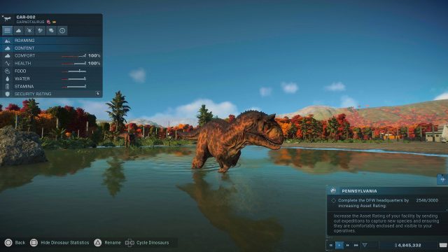 A Carnotaurus in Jurassic World Evolution 2