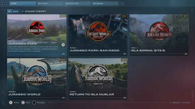 The Chaos Theory menu in Jurassic World Evolution 2