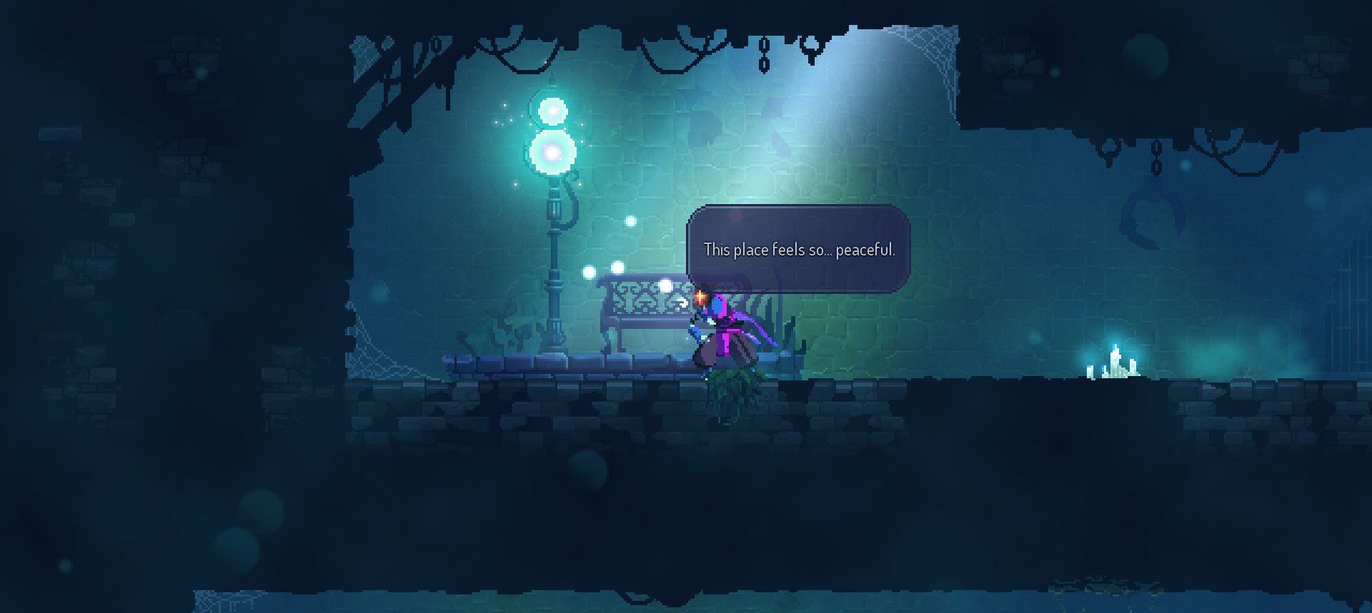 The Hollow Knight lantern and bench in Dead Cells