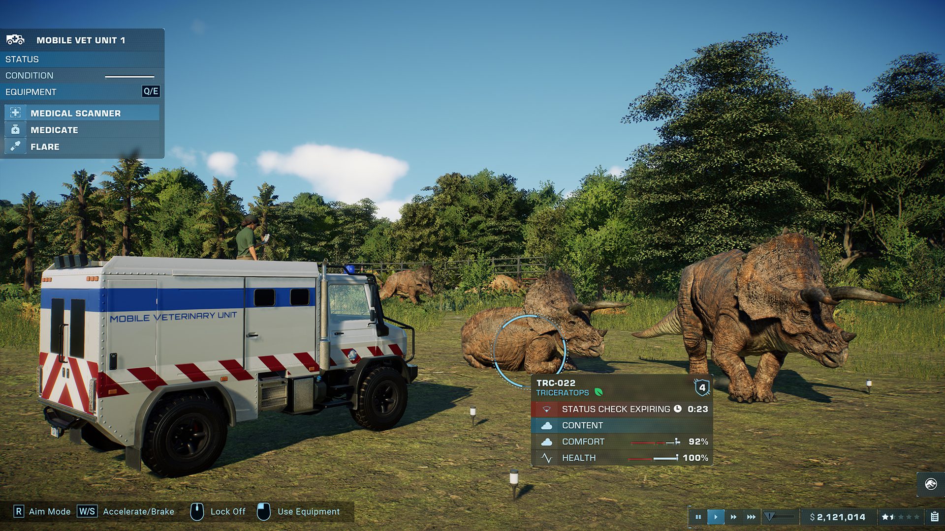 A mobile vet unit treating a Triceratops