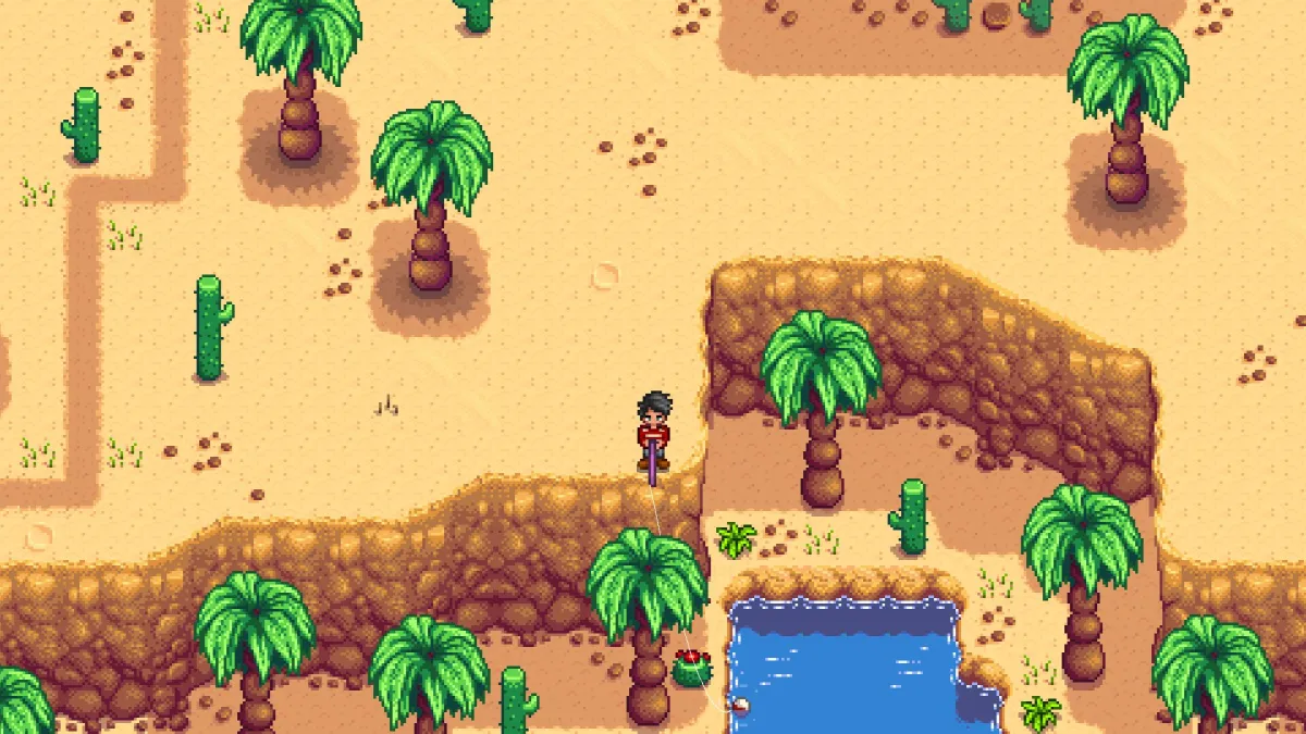 You can curve your cast in Stardew Valley to reach the southern pond in the desert