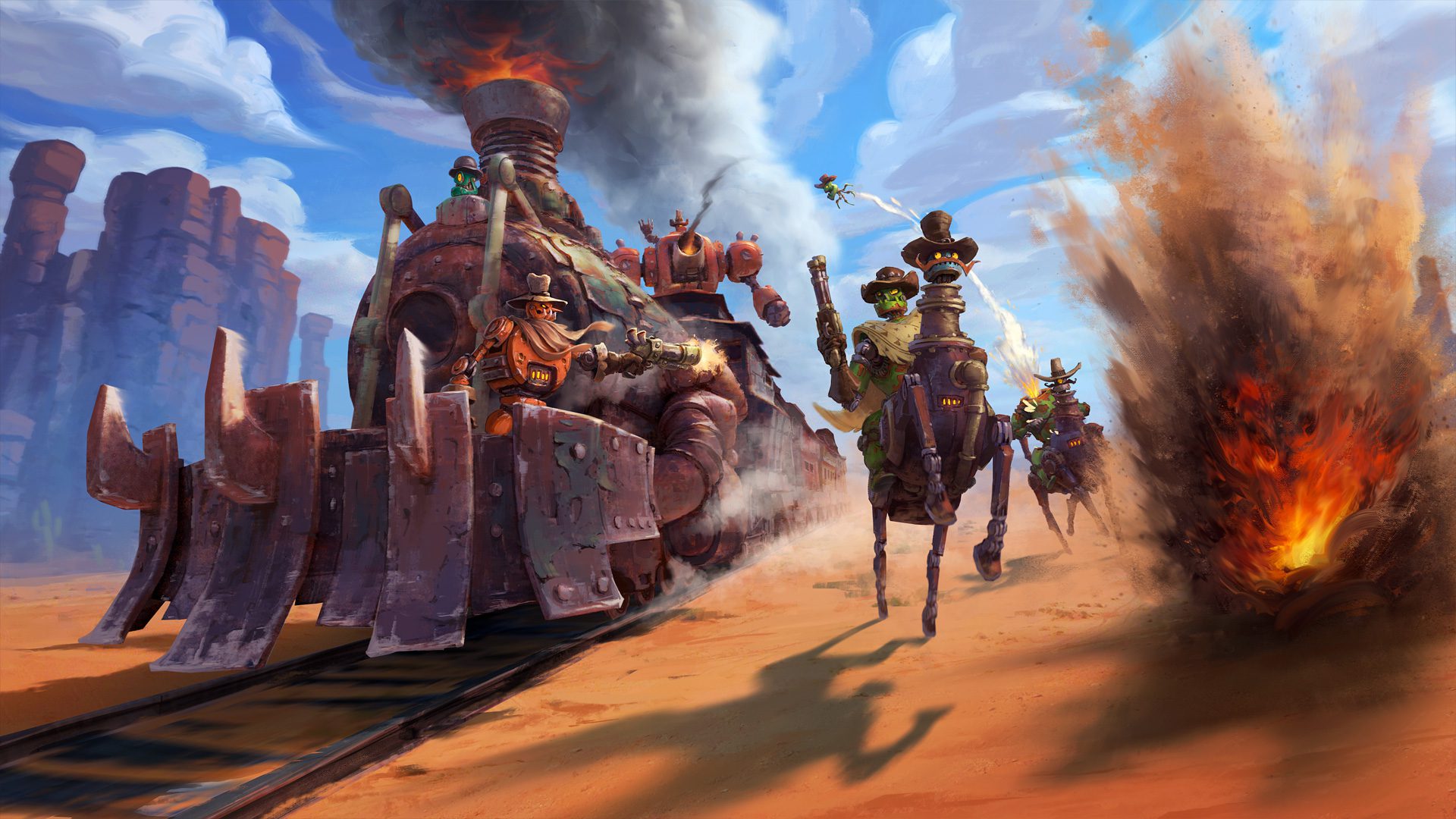 SteamWorld Headhunter artwork with a train robbery
