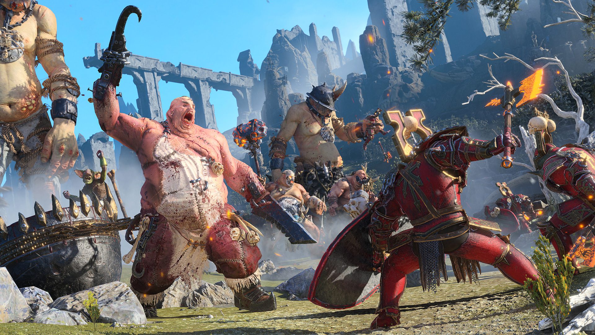 Ogres fighting in Total War: Warhammer III, which is releasing for PC Game Pass on February 17, 2022