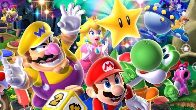mario game where Mario isn't the main character, Mario party. Wario, Yoshi, Peach, and Birdo look at superstar in front