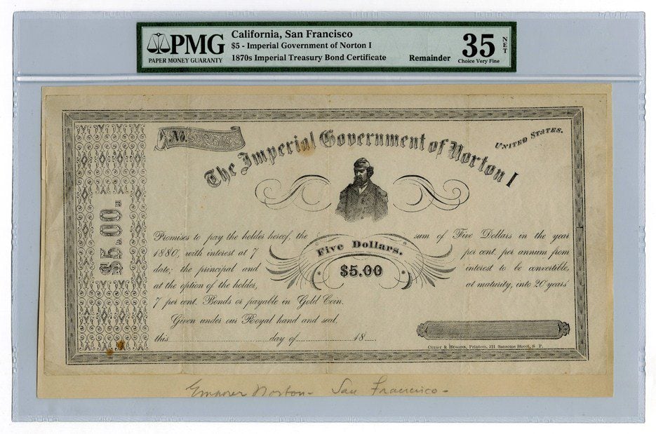 Imperial Government of Norton I treasury bond certificate