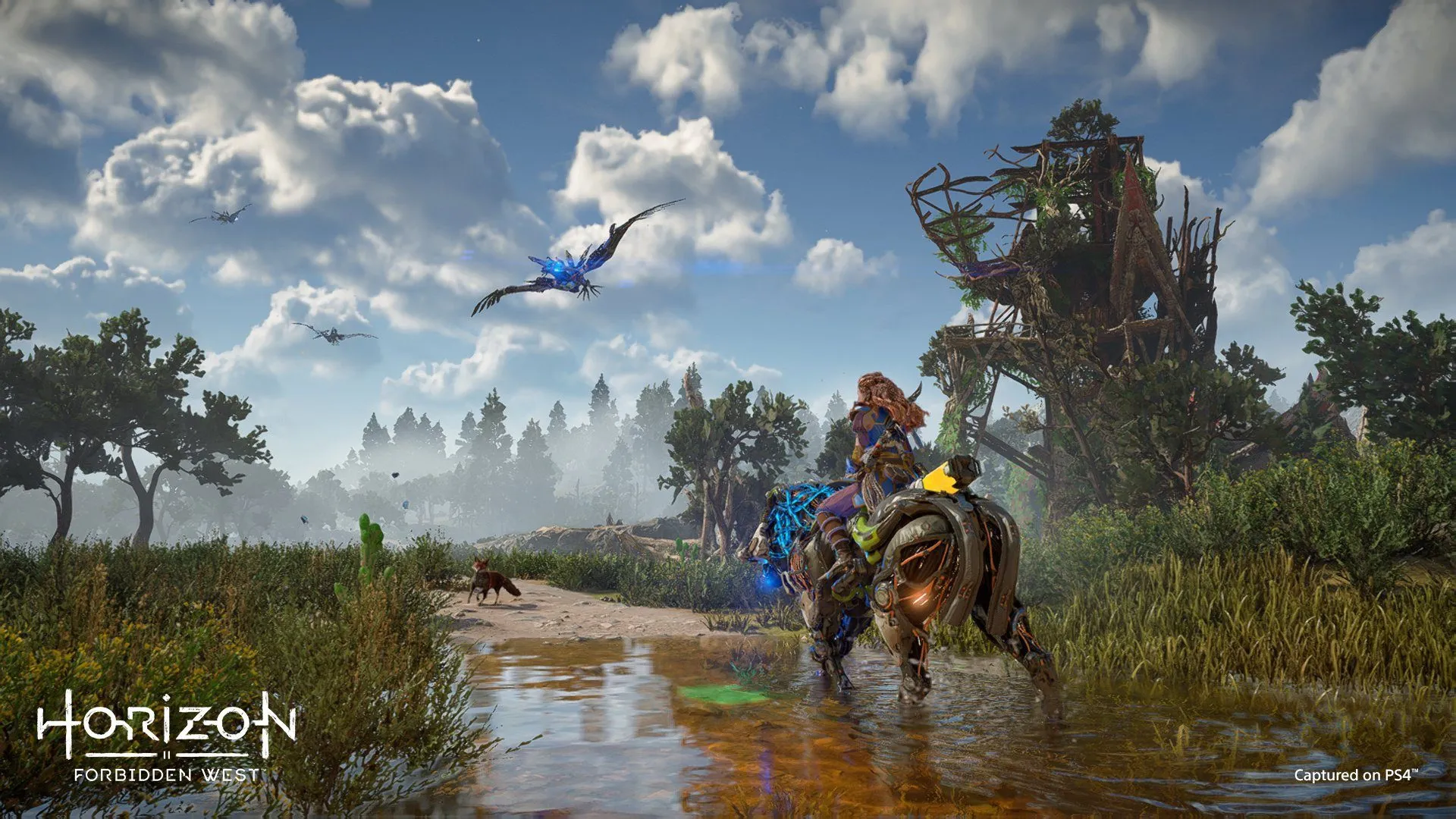 Horizon Forbidden West PS4 screenshot with Aloy riding a mount