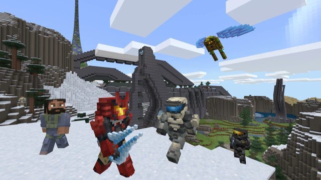 Minecraft player avatars on a snowy hillside, including Halo characters
