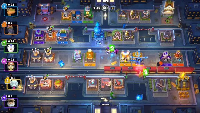 A train blocking the way in a Monopoly Madness city level