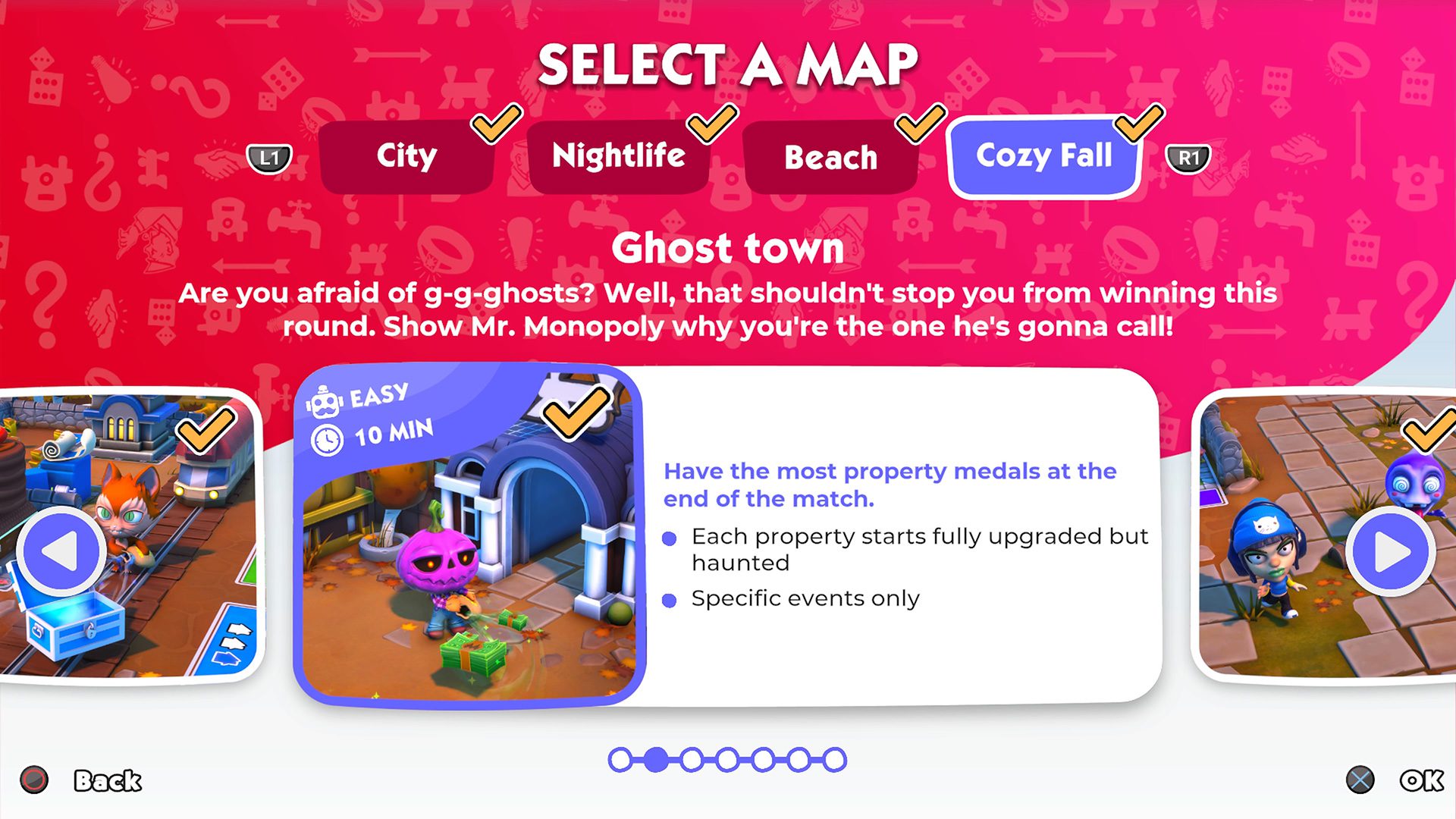 Monopoly Madness has a story mode with City, Nightlife, Beach, and Cozy Fall stages