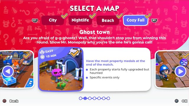 Monopoly Madness has a story mode with City, Nightlife, Beach, and Cozy Fall stages