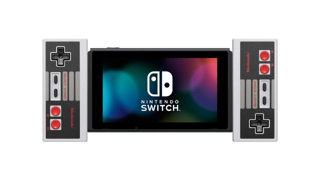 Switch Online NES controllers docked into a handheld Switch