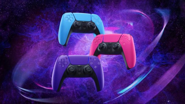 Nova Pink, Starlight Blue, and Galactic Purple DualSense controllers
