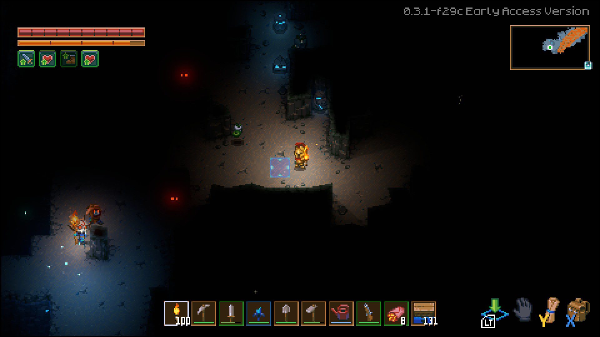 A torchlit cavern with glowing red eyes in Core Keeper