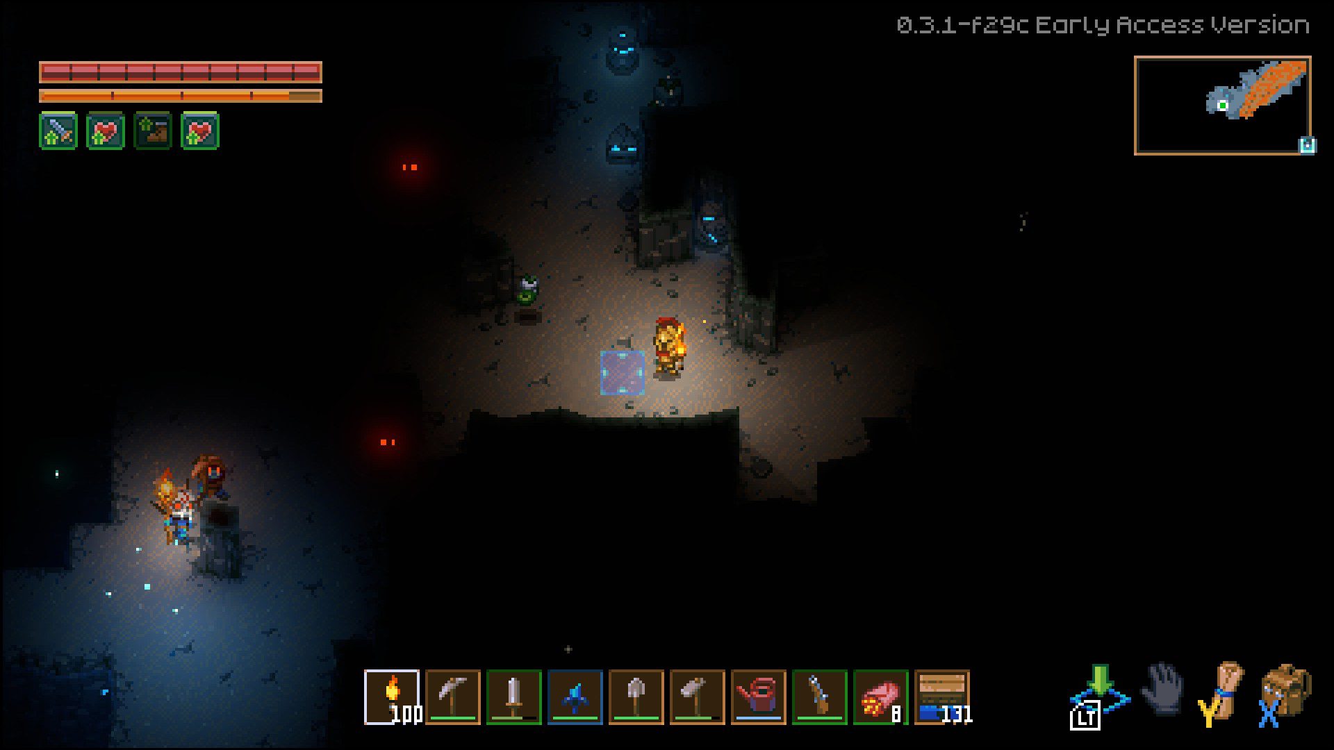 A torch-lit cave with red eyes in Core Keeper