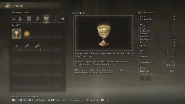 Unused Sacred Tears and Golden Seeds that could be used to upgrade flasks in Elden Ring