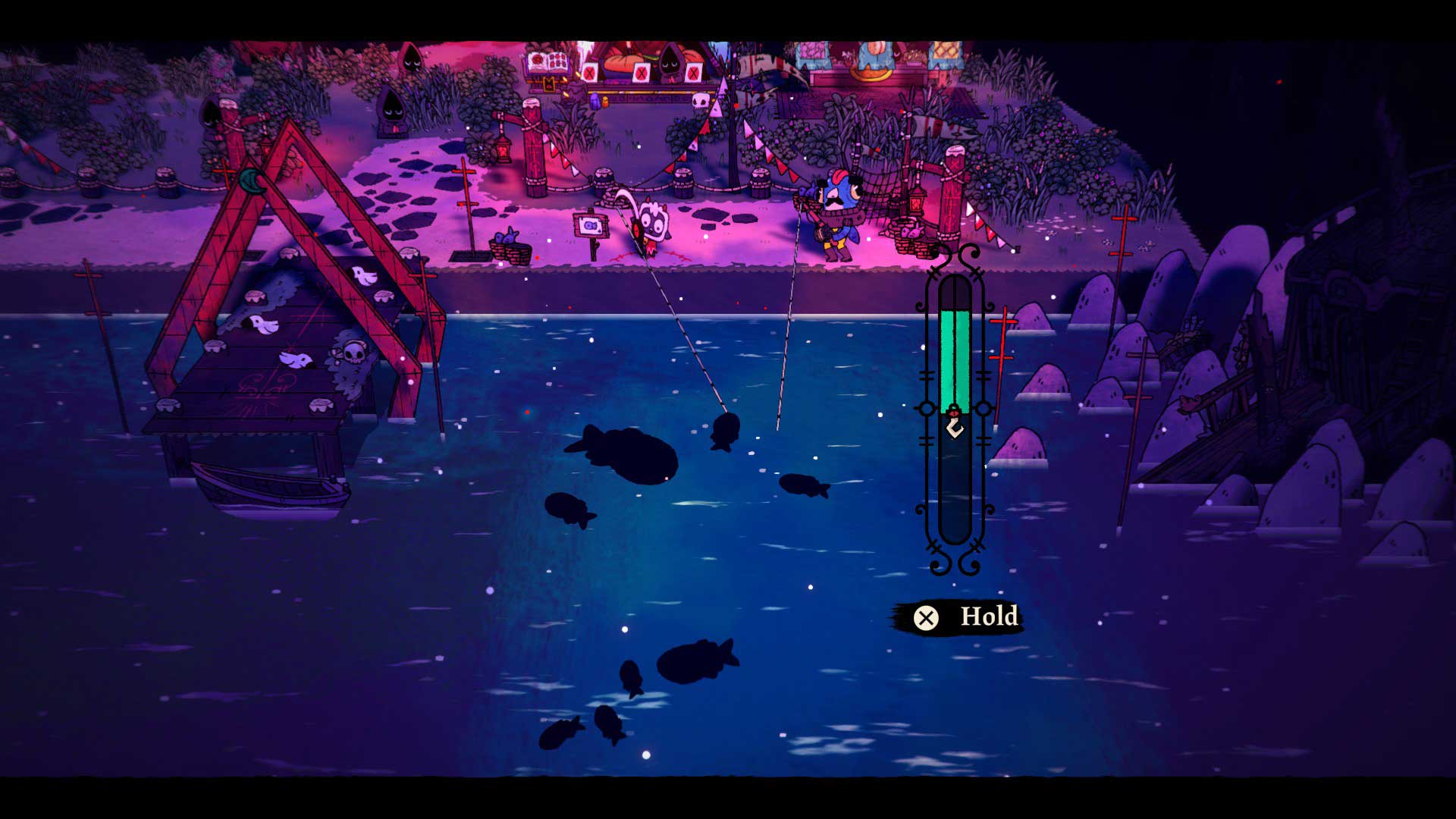 The fishing mini-game in Cult of the Lamb