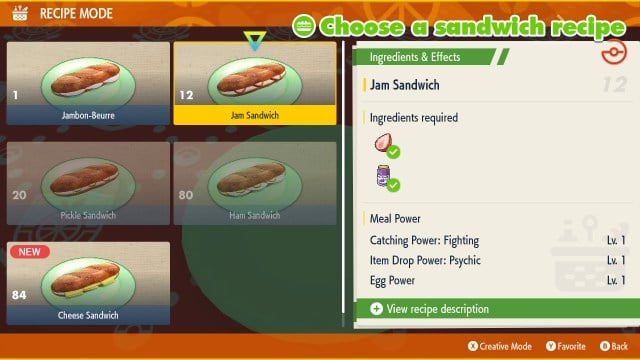 Pokemon Scarlet and Violet sandwich recipe menu screen