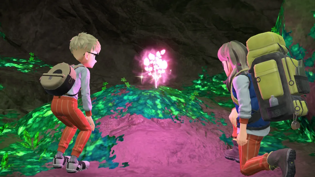 Pokemon Scarlet Violet player character and Arven in cave looking at Herba Mystica