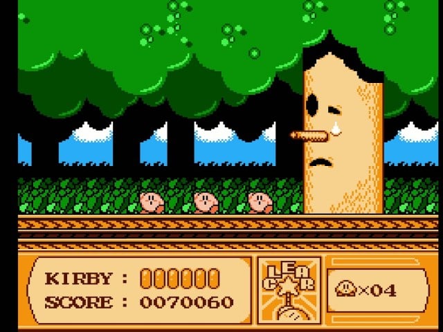 Kirby's Adventure NES Kirby celebrating the defeat of Wispy Woods.