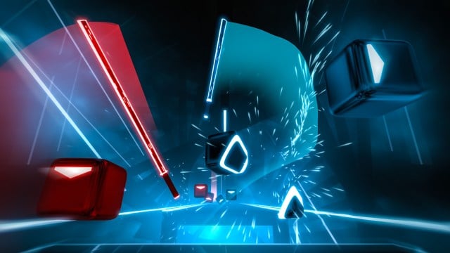 Screenshot of Beat Saber.  Two lightsabers cutting colored blocks.