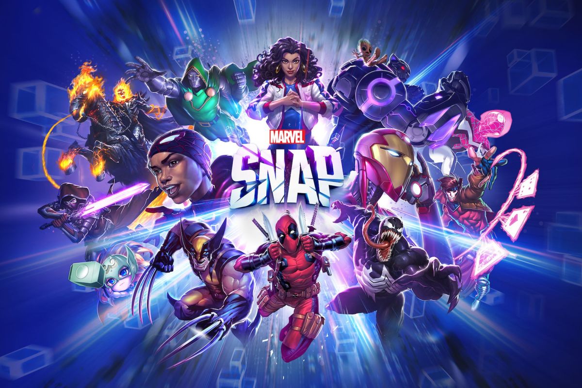 The Marvel Snap logo with various Marvel superheroes surrounding it.