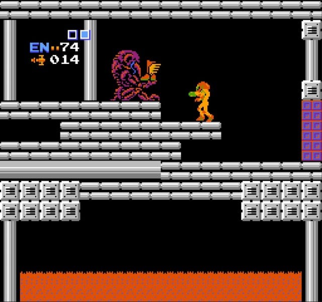 Metroid NES getting boots from a Chozo Statue