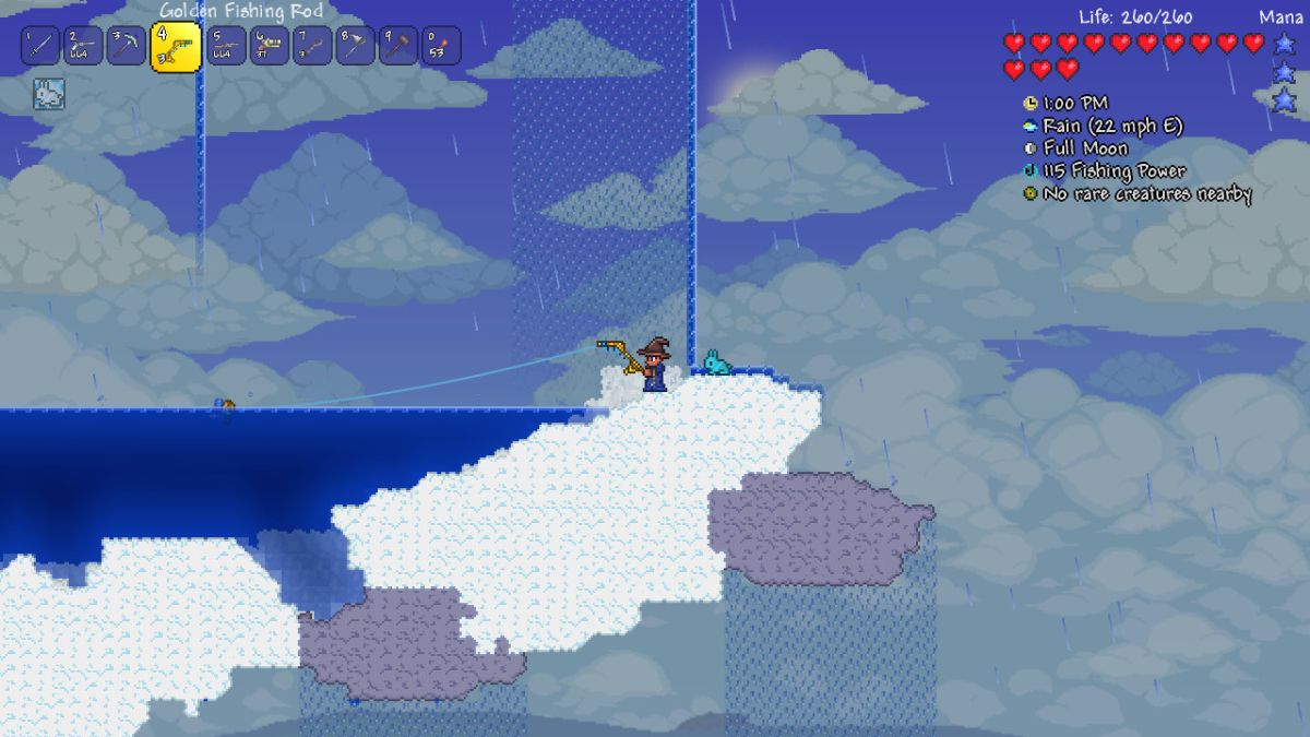 A player uses a Golden Fishing Rod in Terraria, which has become one of the top best selling video games of all time.