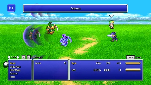 Final Fantasy IV's Rydia and Cecil fighting Goblins in a field