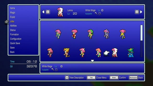 The Final Fantasy V menu screen, showing off its fan favorite job roles