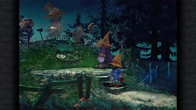 Vivi from FF9, standing with other Black Mages in the Black Mage Village at night